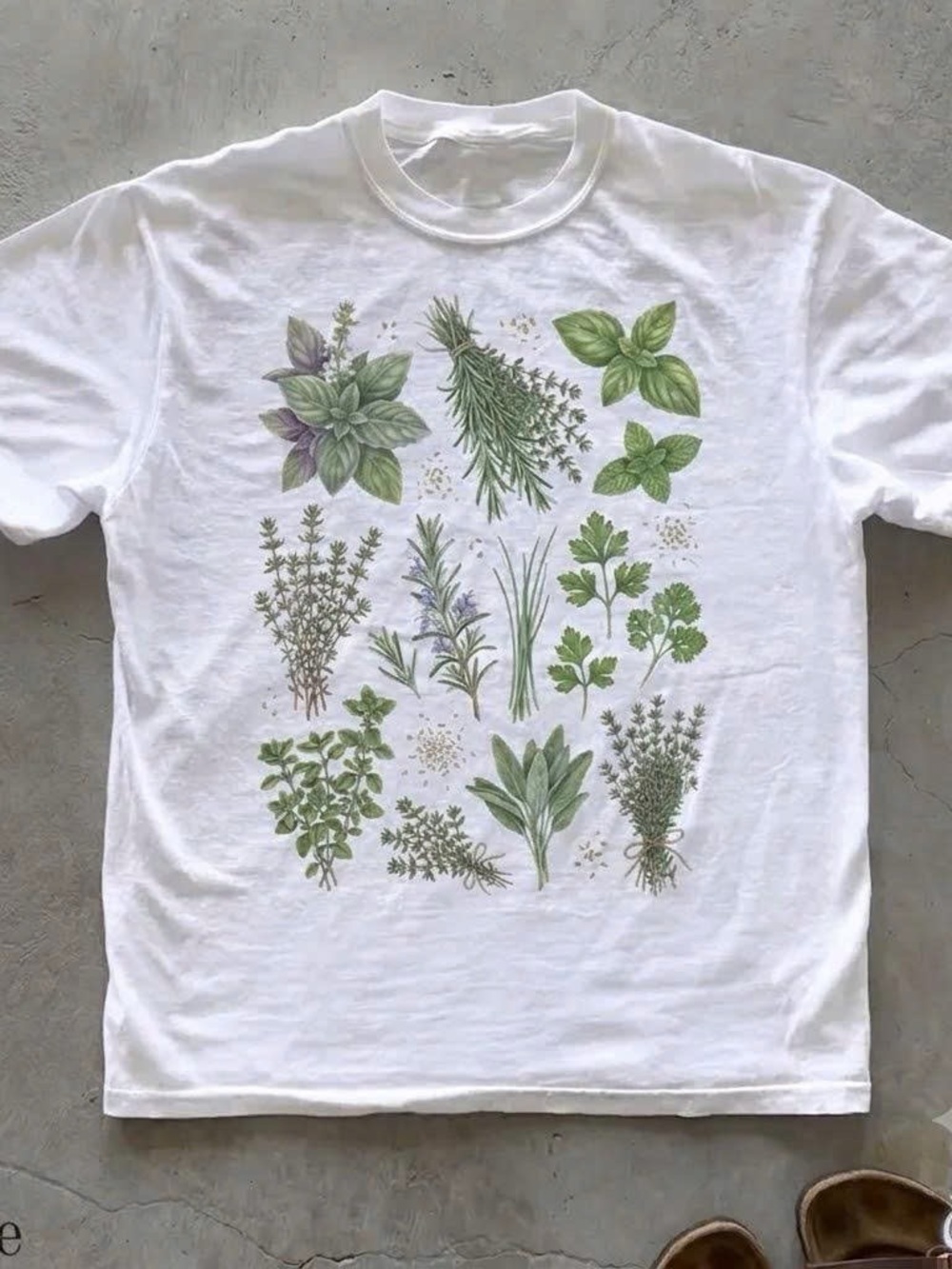 Gildan White Short-Sleeve Tee with Green Herb Illustration